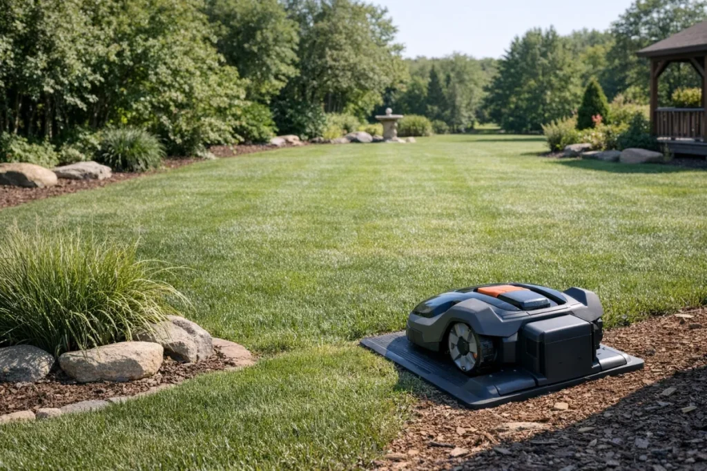 A slightly elevated view of a robot mower charging station at the edge of a lawn with several feet of open, straight grass in front of it, no fence, bed, o