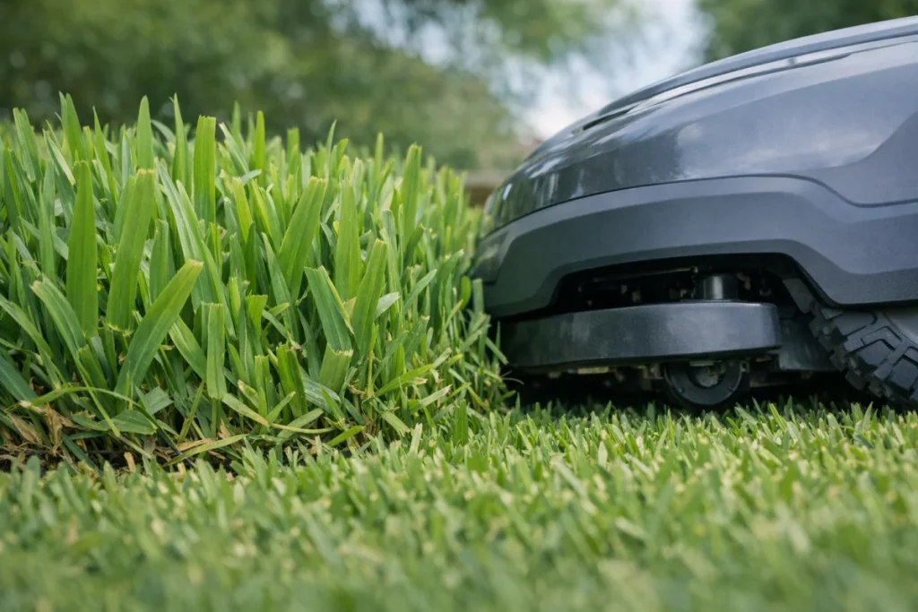 A close, ground-level view of dense St. Augustine turf kept tall, with an unbranded robot mower passing beside it at a visibly high deck setting; no labels