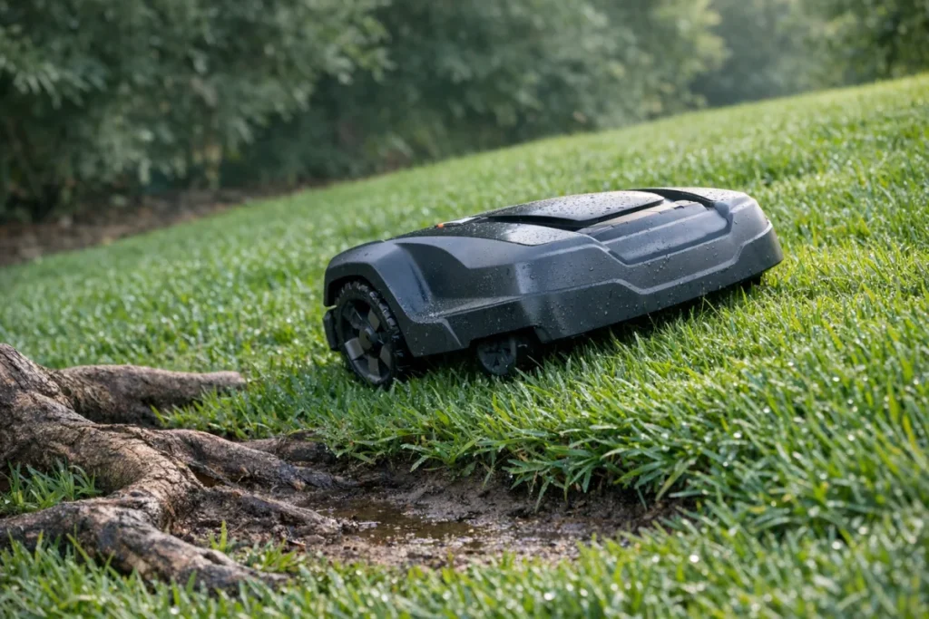 A non-branded robot mower working across dense St. Augustine grass on a slight slope, with visible wheel contact, morning moisture, and a few exposed roots