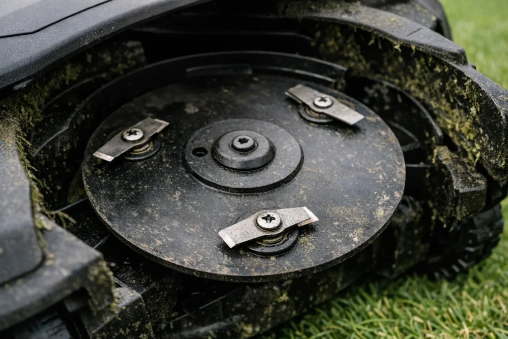 A clear close-up of the underside of a non-branded robot mower showing the cutting disc with several small pivoting blades and their retaining screws, with
