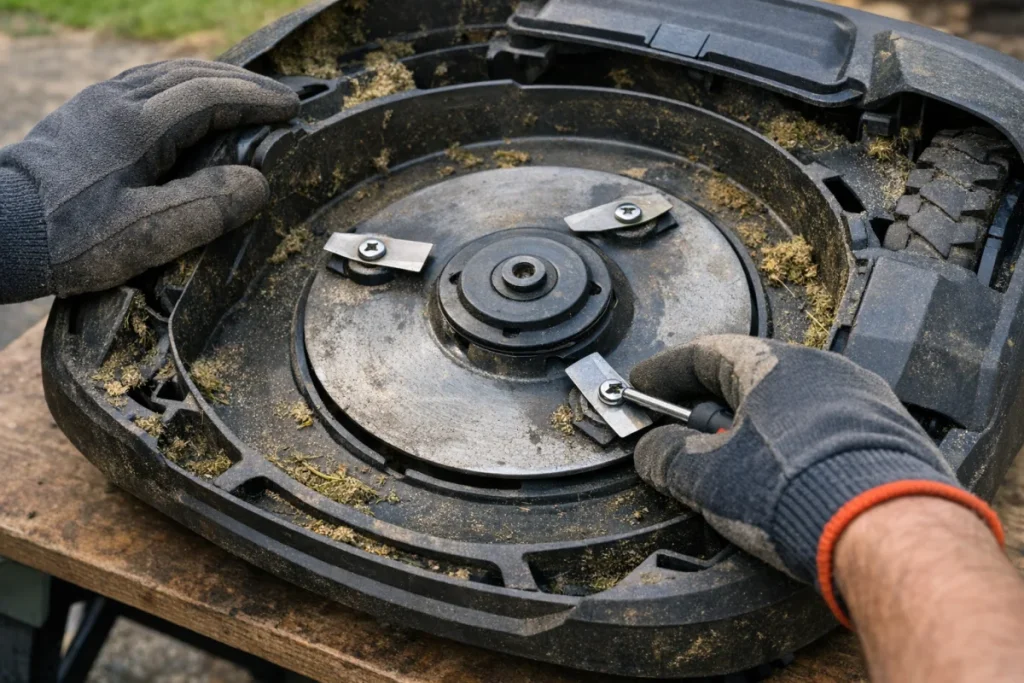 A clear daylight close-up of the underside of a powered-off robot mower on a stable work surface, showing the blade disc, small pivoting blades, retaining