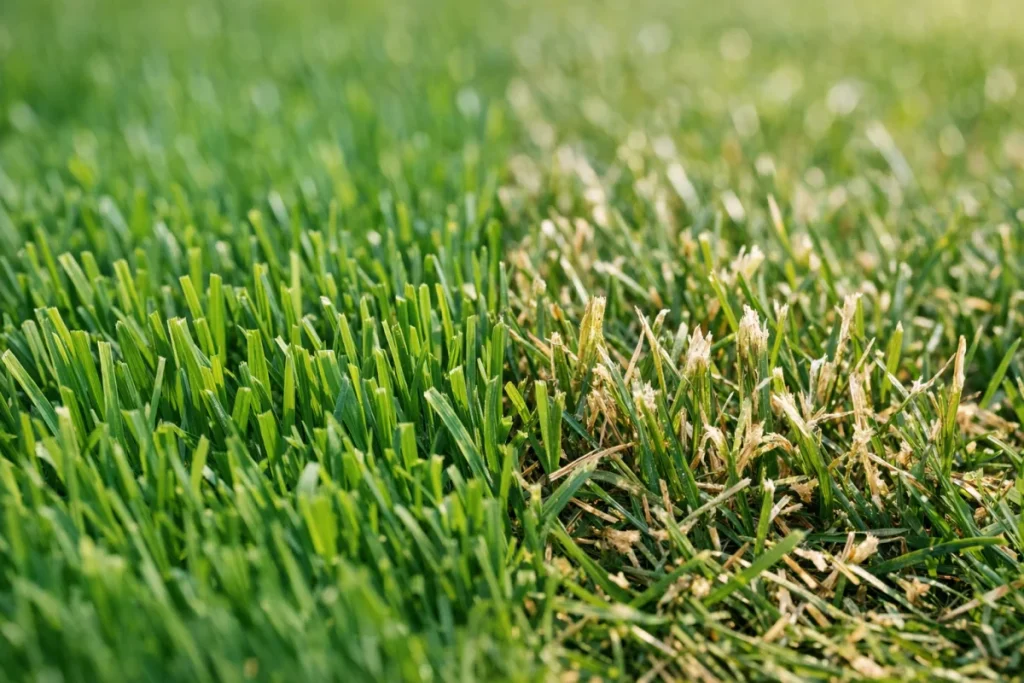 A close-up daylight comparison of turf blades, with one small area showing flat clean-cut ends and another showing ragged whitish torn ends, without text l