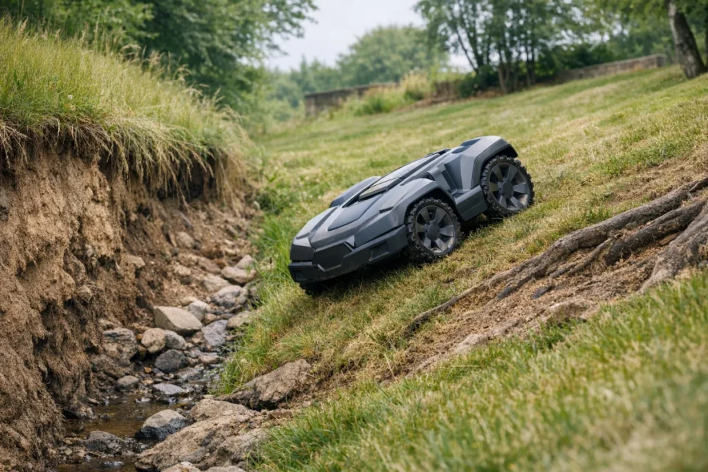A non-branded robotic mower climbing a visibly steep grassy slope with uneven ground or a ditch bank nearby, with no person in frame.