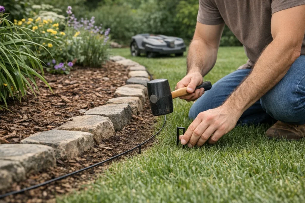 A wider ground-level view of low-profile perimeter wire pinned neatly along a lawn edge around a curved flower bed or obstacle, with no readable labels or