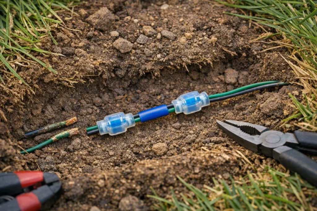 A close-up in a shallow turf opening showing clean boundary-wire ends joined with waterproof outdoor gel connectors, with damaged corroded wire cut away an