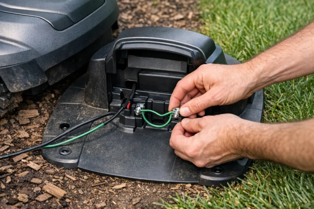 A non-branded robot mower charging station outdoors with the installed boundary wires disconnected and a short spare piece of boundary wire bridging the tw