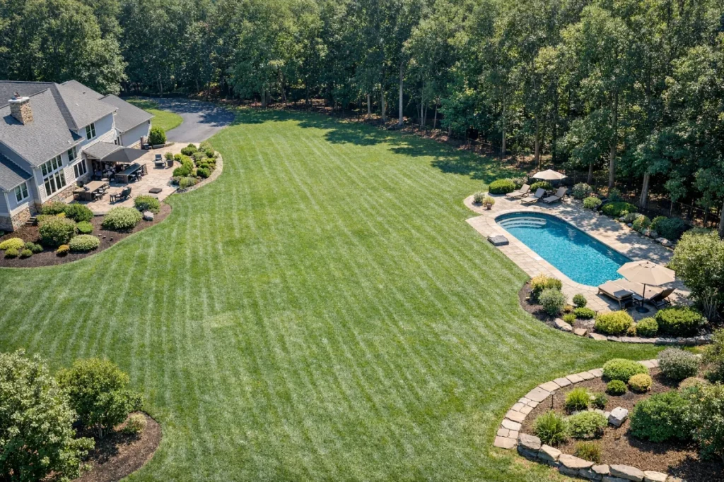 A high-angle real-world view of a large residential yard where the house, driveway, patio, planting beds, trees, and lawn areas are all visible, emphasizin