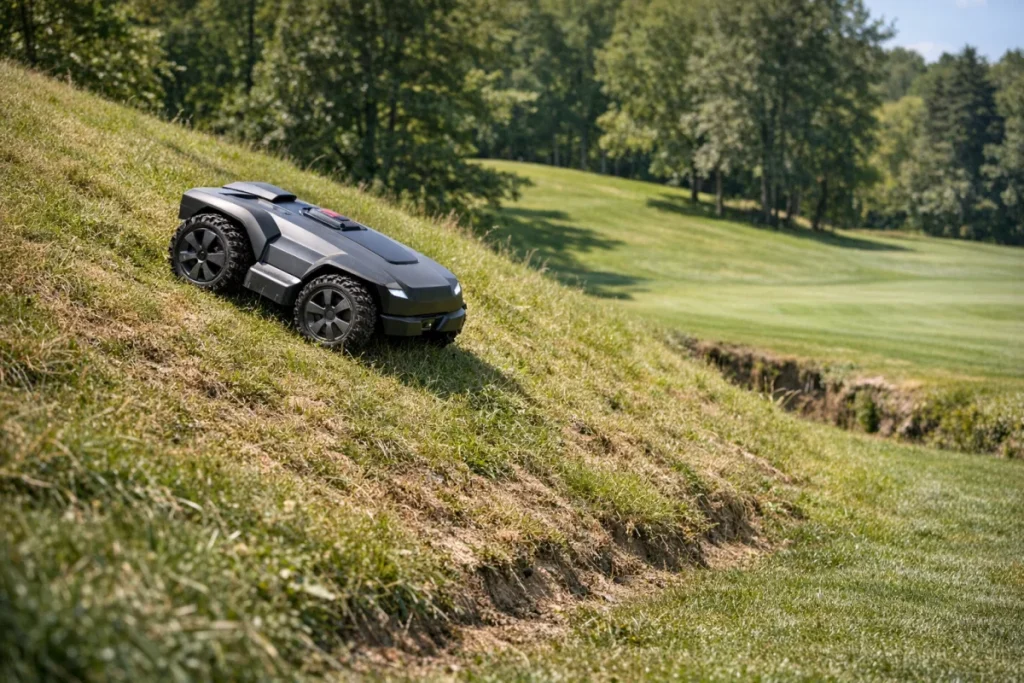 A non-branded robotic mower with large treaded wheels working across a visibly sloped, uneven grass bank, shot wide enough to show the incline, turf textur