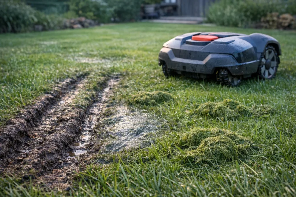 A robot lawn mower beside obvious wet-grass problems: shallow wheel ruts, shiny smeared turf, and clumps of damp clippings on the lawn after a turn.