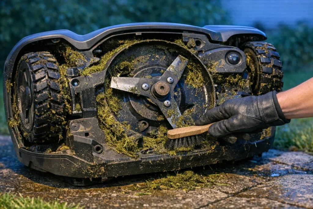 Close-up of an upside-down robot mower on a dry surface with packed damp grass visible around the cutting deck and wheel treads, with a gloved hand using a
