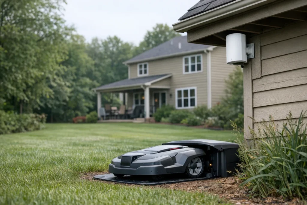 A non-branded robot mower parked at its charging dock near the lawn edge, with the house in the background and a weather-rated mesh node or outdoor access