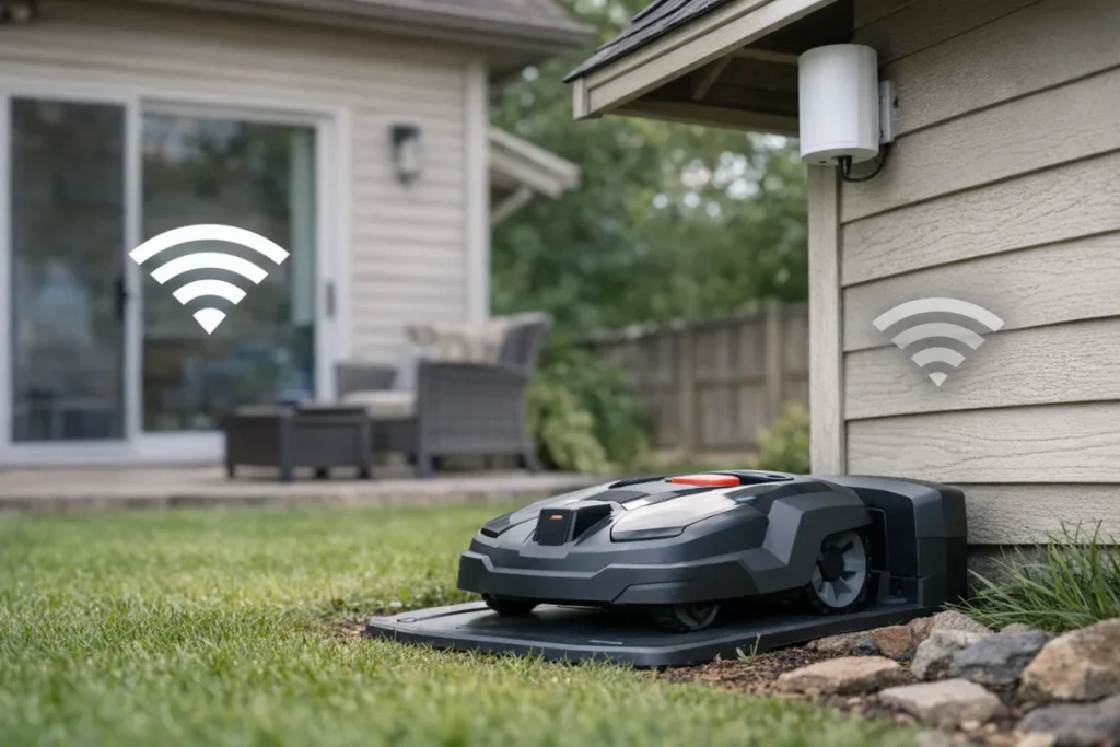 A robot mower parked on its outdoor charging dock near the edge of a yard, with the house in the background and a visible outdoor access point or mesh node