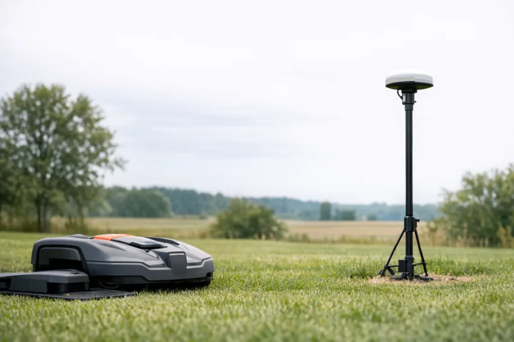 A wire-free robot mower on a lawn with its charging station nearby and a small reference antenna mounted upright on a pole in an open area with clear sky,