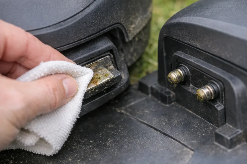 A tight, non-branded close-up of a robot mower and dock charging contacts being wiped with a dry cloth, with light grass sap or dirt visible on the metal s