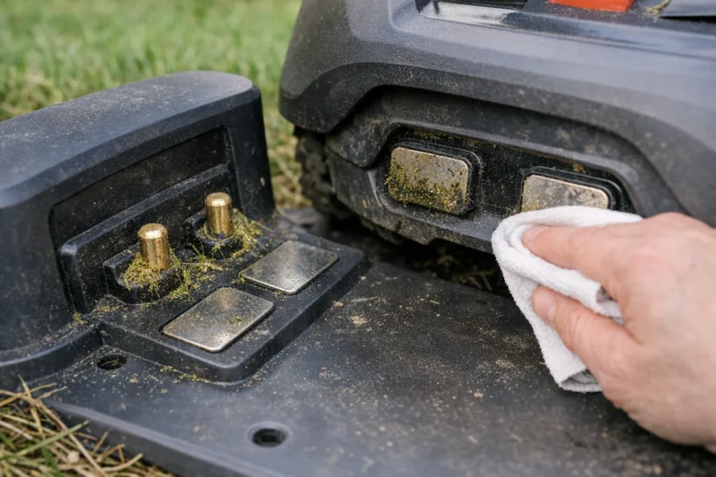 Close-up of a robot mower and its charging dock with the exposed metal charging contacts visible, one set showing light grass residue and another being gen