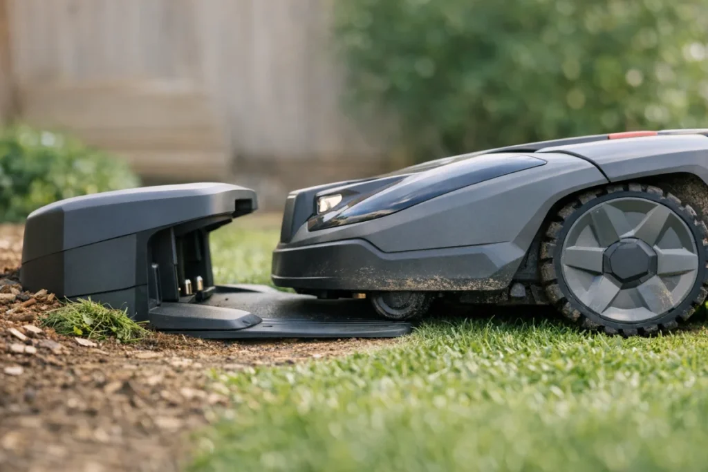 Low side view of a robot mower entering a charging station squarely, showing the dock entrance, level base, clear approach path, and the mower lined up wit