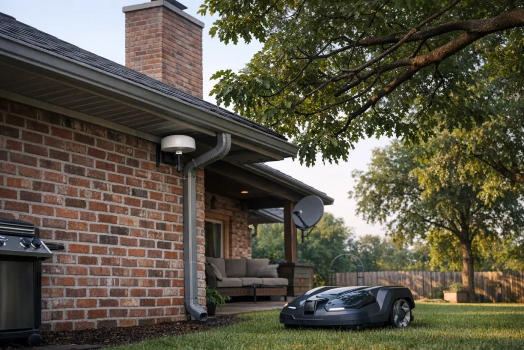 A clear real-world example of an RTK antenna placed in a bad location, such as tucked under a roof overhang beside a gutter or wall with tree branches near