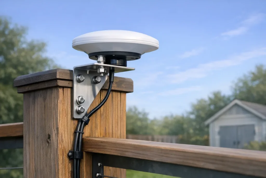 Close, practical view of an RTK antenna firmly bolted to a solid post or deck corner with a metal bracket, level antenna head, tidy cable routing, and open
