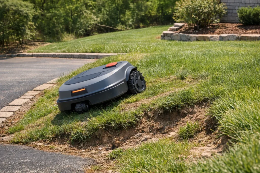 A compact robot mower on a small grassy slope beside a driveway or lawn edge, with visible uneven turf and a clear change in elevation, no person and no re