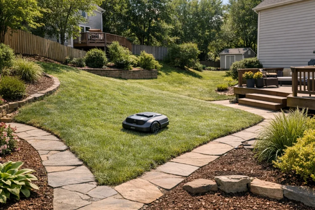 A wide, slightly elevated view of a compact residential lawn with separated front/side grass areas, walkway edges, beds, and a small robot mower for scale,