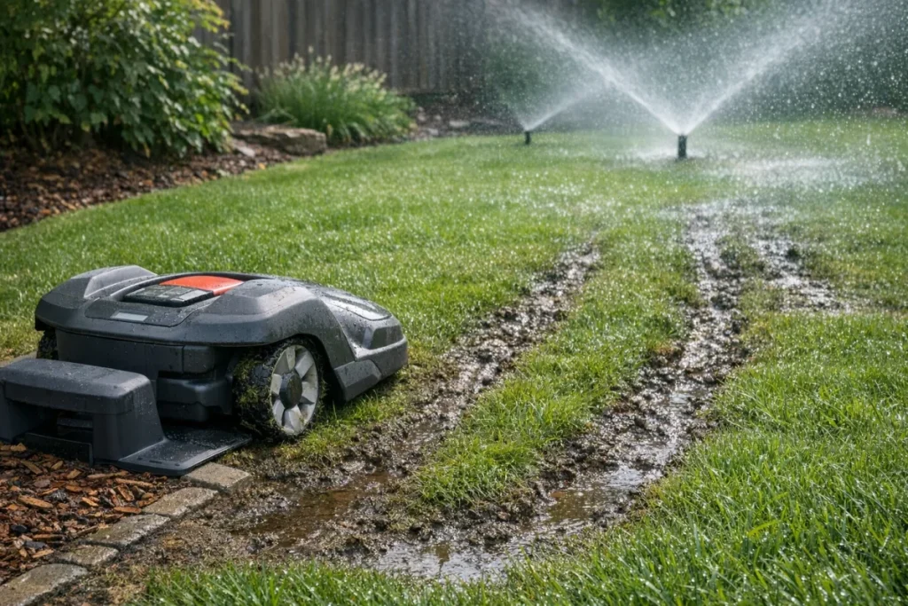 A robot mower parked in its charging dock beside a visibly wet lawn with sprinklers running, showing damp grass and soft wheel-track-prone areas in dayligh