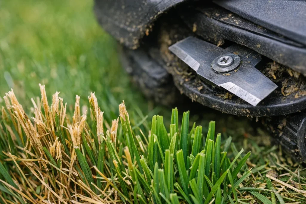 A tight close-up of lawn blades showing visibly frayed, tan-cut tips next to cleaner green cut tips, with a small robot mower blade or mower underside near