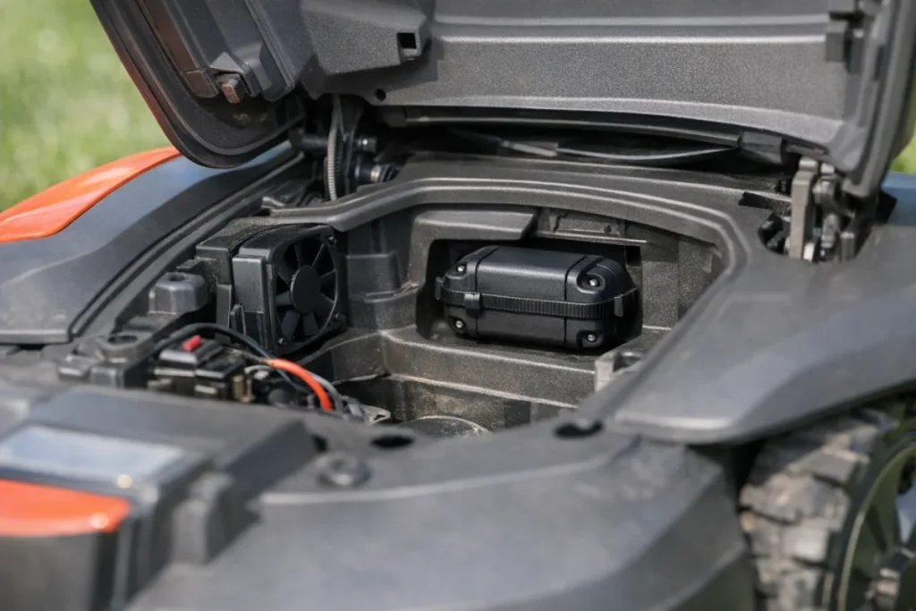 A close, realistic view of a generic robot mower with its top cover or accessory panel open, showing a small waterproof tracker enclosure secured inside a