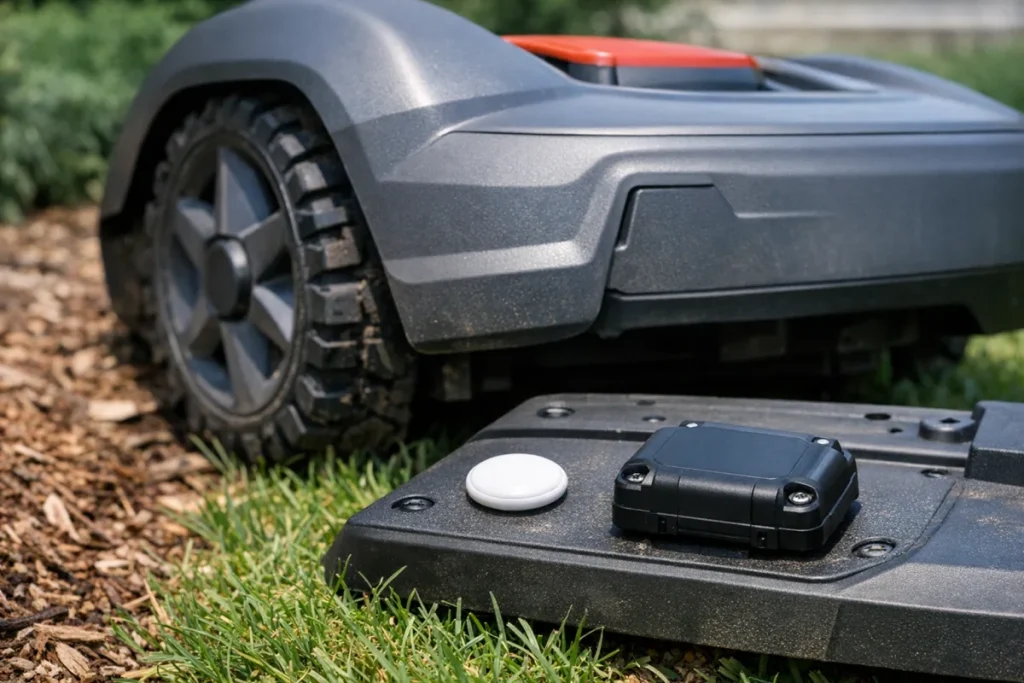 A side-by-side real-world scale comparison of a coin-sized Bluetooth-style tag and a weatherproof cellular GPS tracker placed next to a robot mower shell o
