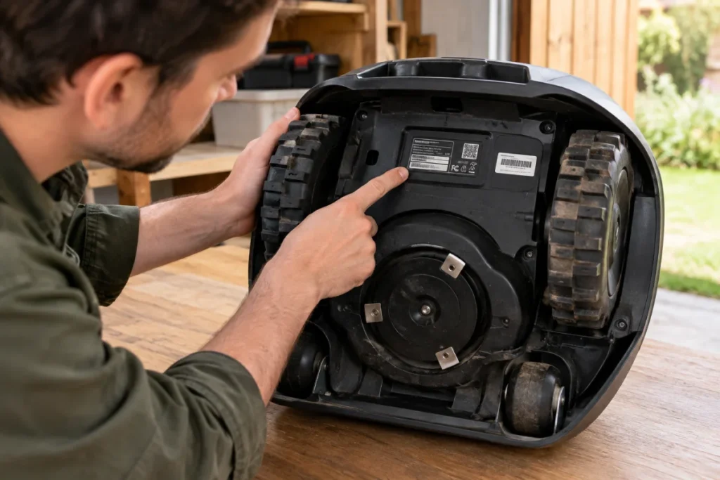 A close-up of a non-branded robot mower’s underside or rear housing showing the physical regulatory/model label area and serial-label placement, with any t