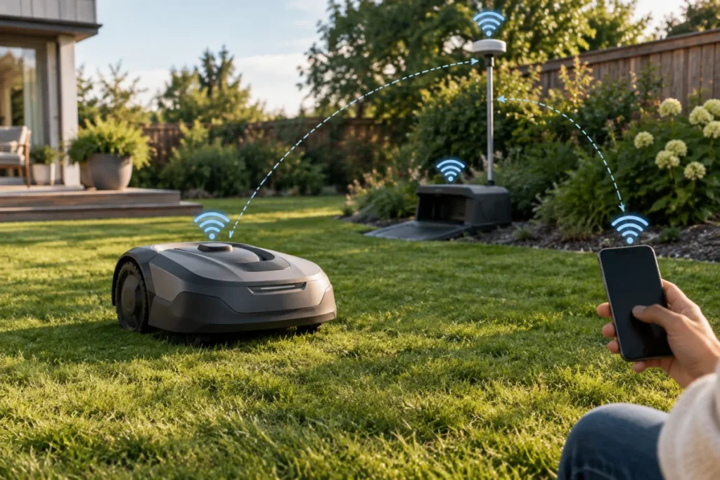 A non-branded wire-free robot mower in a yard with its charging dock, a small RTK-style base/antenna, and a phone nearby with no readable screen text, arra