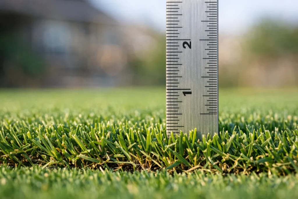 A close, ground-level photo of dense Bermuda grass with a simple ruler standing vertically in the turf, showing the blade tips near the 1-inch range, with