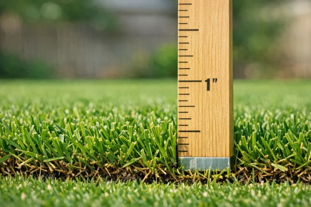 A close, ground-level view of dense Bermuda grass cut around 1 inch, with a simple ruler standing in the turf for scale and no hands or branded mower visib