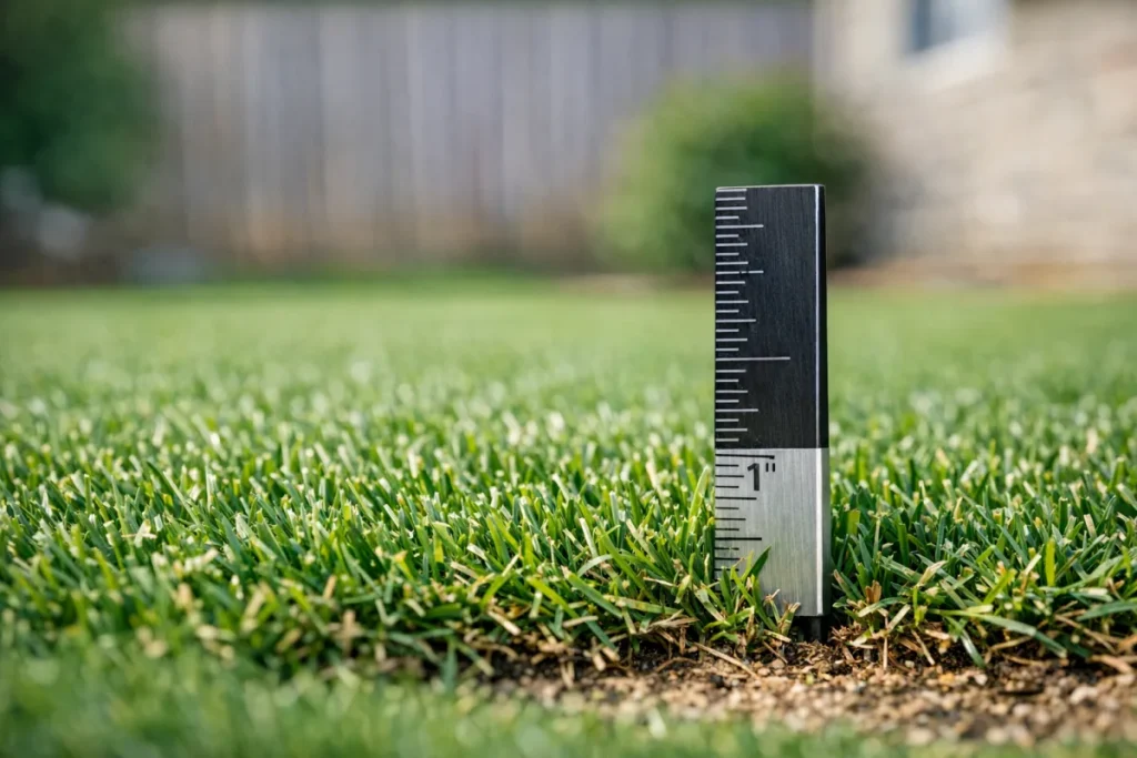 A ground-level close-up of dense, low-cut Bermuda grass with a small ruler or height gauge standing vertically in the turf, no hands and no mower branding.