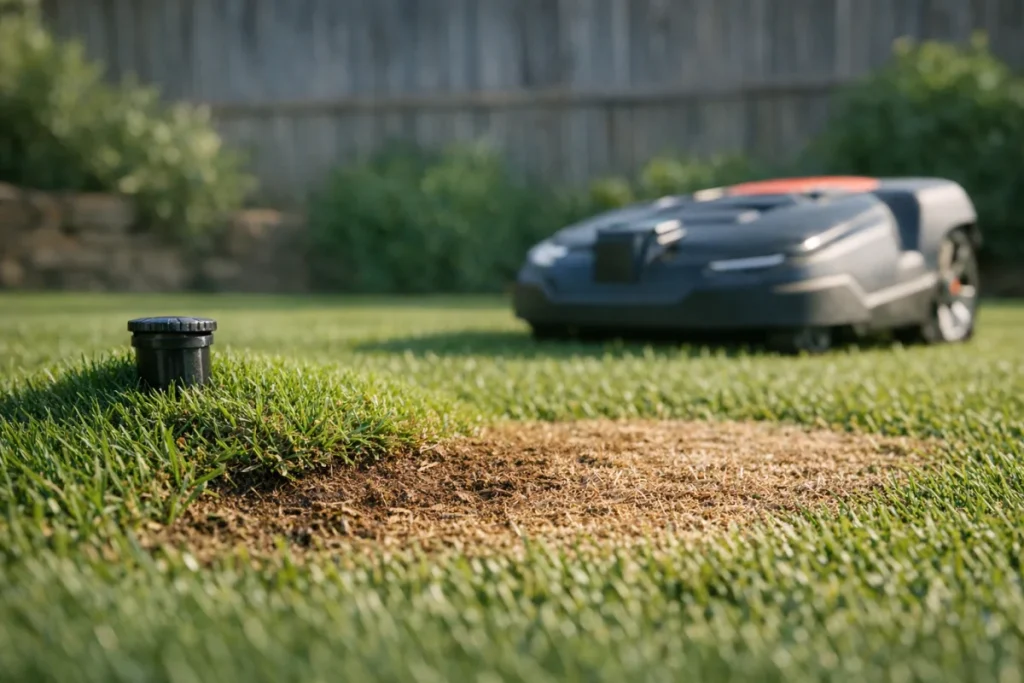 A low, side-angle view of Bermuda turf showing a subtle mound or raised sprinkler head next to a short-cut/scalped patch, with a generic robot mower nearby