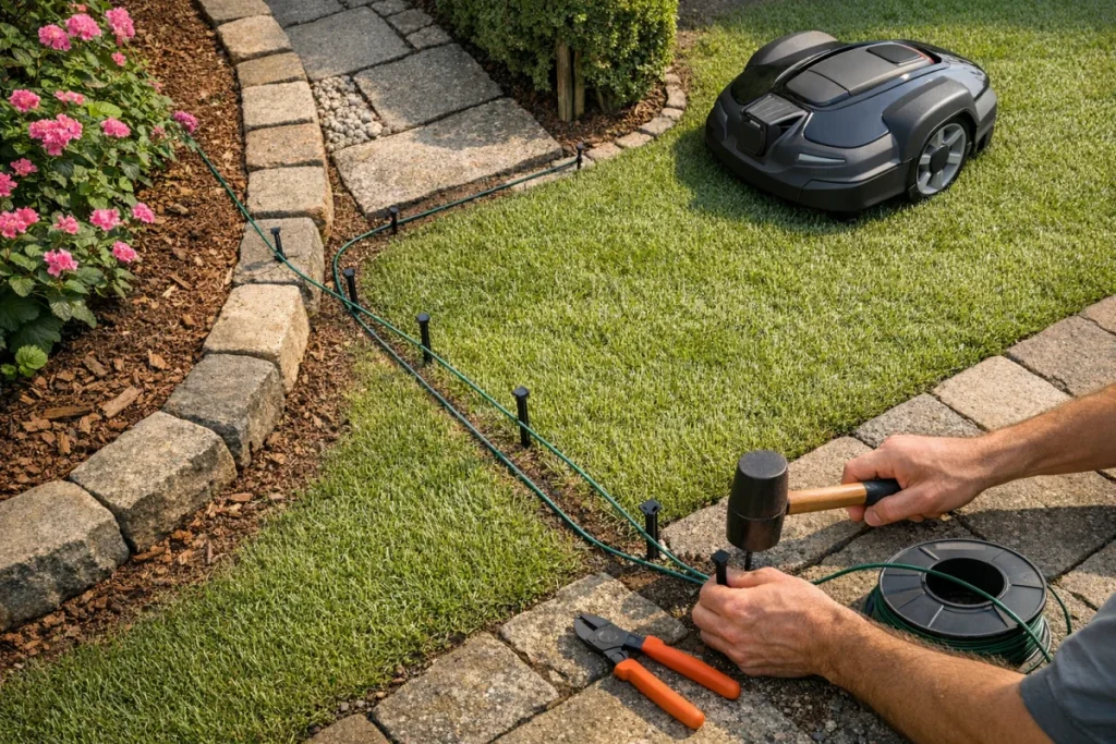 A non-branded overhead view of a Bermuda lawn edge showing boundary wire and stakes routed cleanly around a flower bed, hard edging, and a narrow passage,