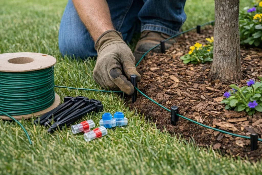 A close, ground-level view of boundary wire being staked along a lawn edge and routed around a small garden bed or tree, with connectors and spare stakes v