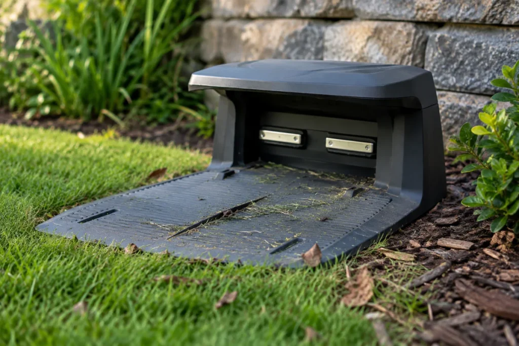 A low, wide close-up of a generic robot mower charging station with exposed metal contact plates or rails, grass clippings and small debris around the ramp