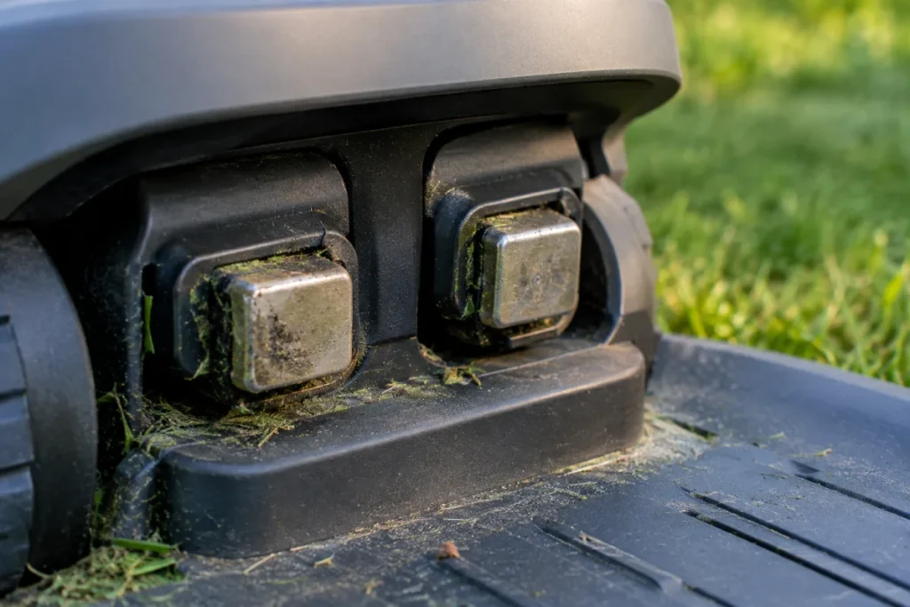 Tight, well-lit close-up of generic robot mower charging pads showing grass residue and dull oxidation on the metal, with surrounding plastic intact and no