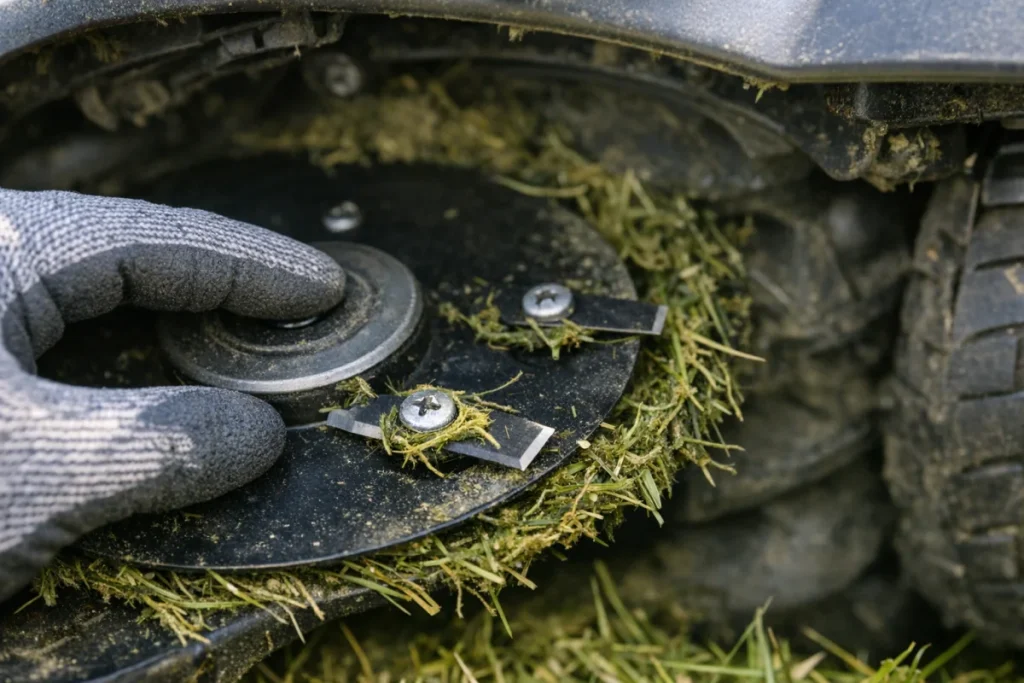 A tight, non-branded underside close-up of a robot mower showing the blade disc area with grass caught around the small pivoting blades and screw heads, wi