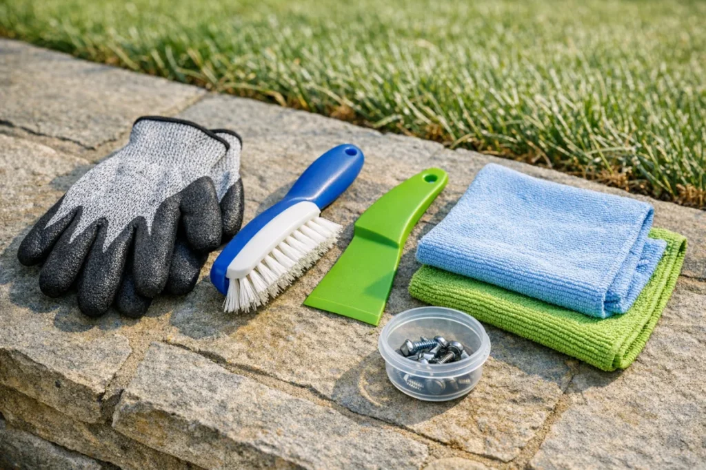 Neat flat lay of a robot mower deck-cleaning kit: cut-resistant gloves, nylon brush, plastic scraper, microfiber cloths, and a small container for blade sc