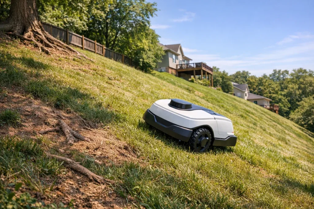 A non-branded robot mower on a clearly sloped grassy side yard, with the drive wheels visible and the terrain showing a real incline rather than a flat law