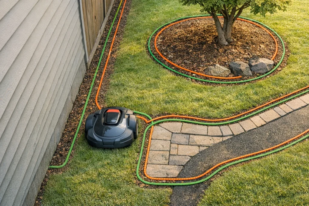 A clean top-down, text-free illustration of a lawn boundary wire path showing a narrow side corridor, a tight inside corner, and an island bed with cramped
