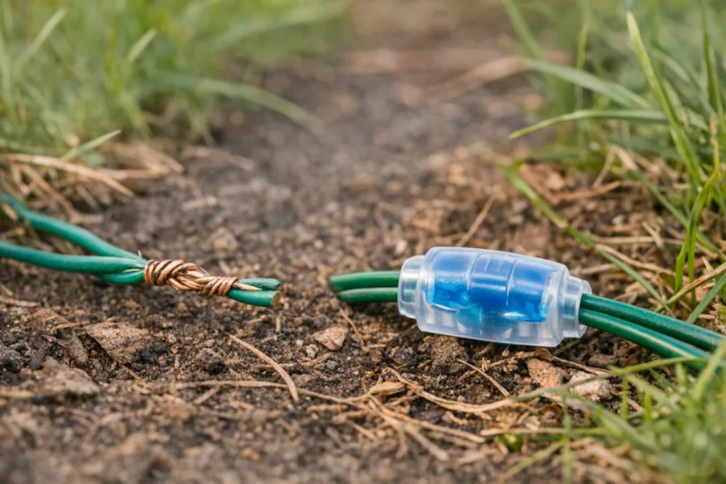 Close-up on grass of two cut boundary-wire ends being joined with an outdoor-rated waterproof gel connector, with a loose twisted wire splice nearby for co