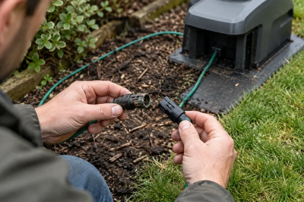 A close-up of a boundary or guide wire near a charging station showing a loose or corroded outdoor connector beside an intact replacement connector, withou