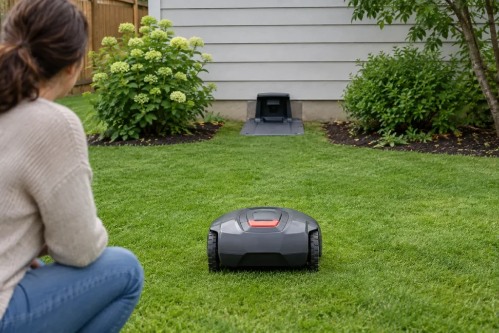 A robot mower charging station installed on level grass with a straight, unobstructed approach, clear space on both sides, and no mulch, edging, slope, or