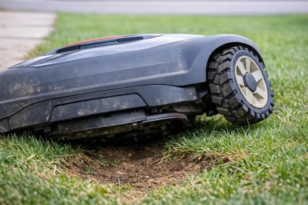 Low close-up of a robot mower stuck across a shallow lawn dip, with its underside touching the grass and one wheel visibly not gripping the ground.