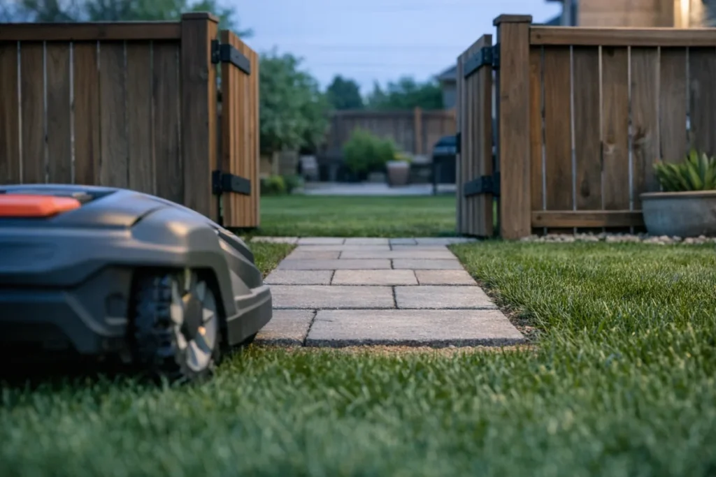 A low, ground-level view of a robot mower approaching a flat paver path through an open gate between two grass areas, with enough clearance and no steps, l