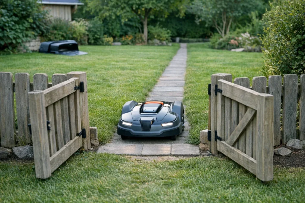 A robot mower driving through an open gate along a short, level grass or paved passage between two separate lawn areas, with its charging dock visible in t