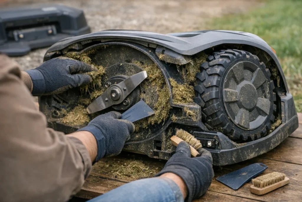 Close-up of a powered-off robot mower tilted on its side on a dry work surface, with a gloved hand using a stiff brush or plastic scraper to remove packed