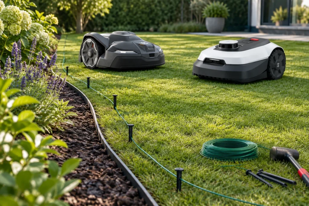An unbranded robotic mower boundary wire being pinned into the grass along a lawn edge beside a flower bed, with stakes and wire clearly visible but no rea